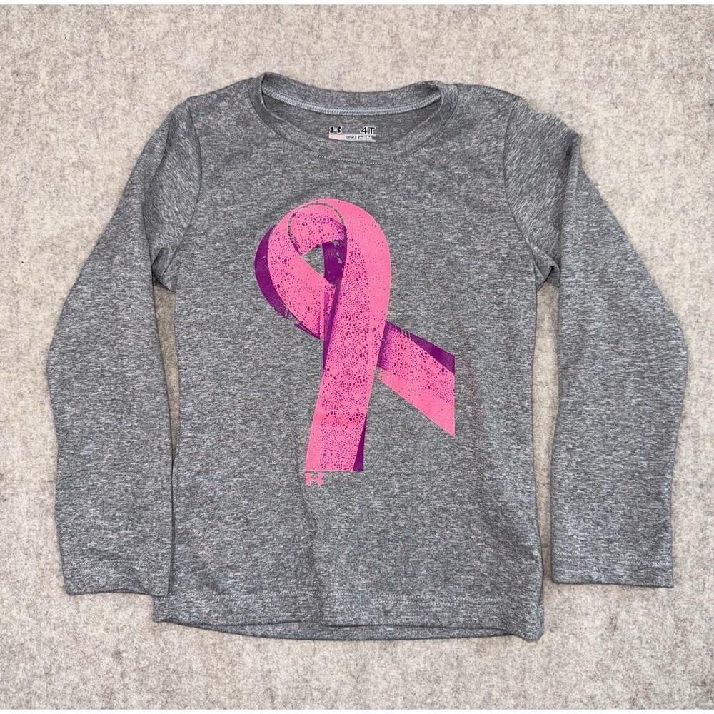 Under Armour Girls 4T Gray Long Sleeve Tshirt Pink Breast Cancer Logo